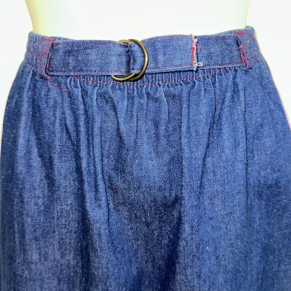 Vintage 70s Contemporary Corner Blue Denim Midi Skirt with Ruffle Hem - Picture 3 of 8